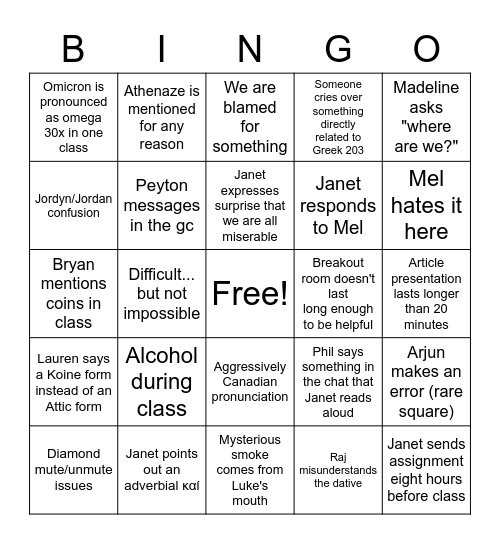 Greek 203 Bingo Card