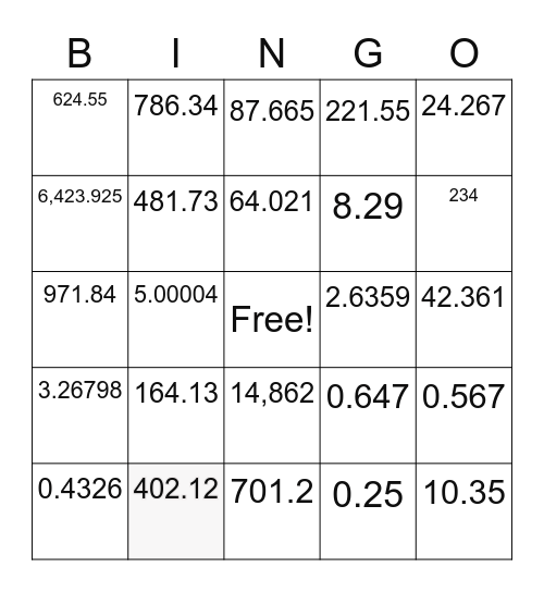 place value bingo with decimals Bingo Card