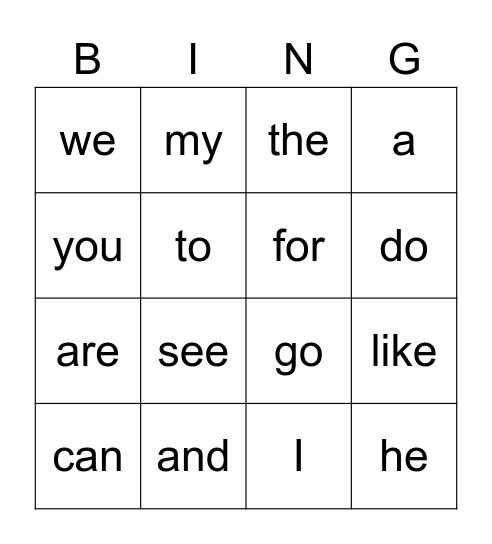 Kindergarten Sight Words Units 1-5 Bingo Card