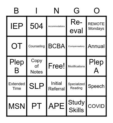 Special Education Fun Terms Bingo Card