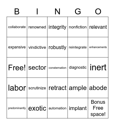 Unit 1- vocab. Bingo Card