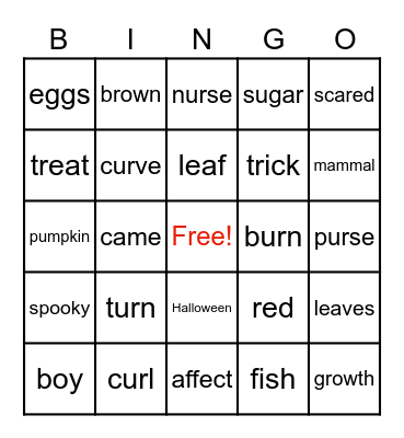 October Spelling List Bingo Card
