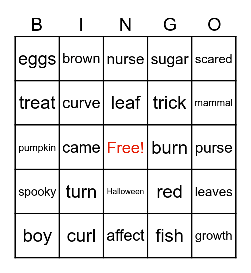 October Spelling List Bingo Card