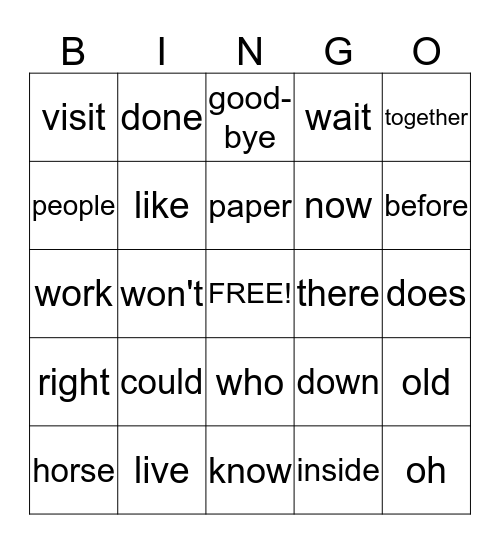 second nine weeks sight word bingo Card