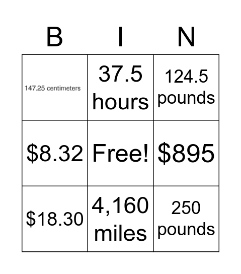 Decimals Bingo Card