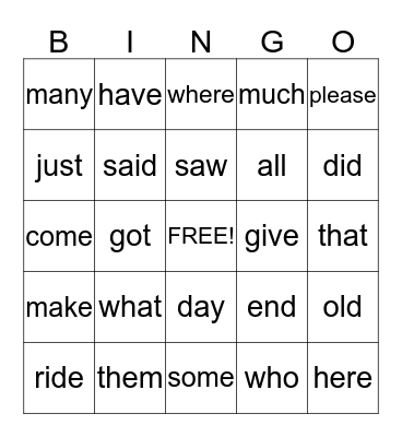 Sight Words Bingo Card