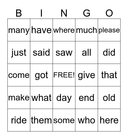 Sight Words Bingo Card