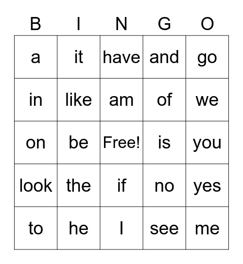 Sight Words Bingo Card