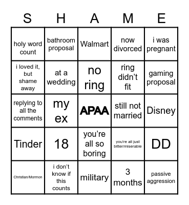 SHAME BINGO Card