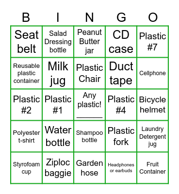 Hunt for plastics we see every day! Bingo Card