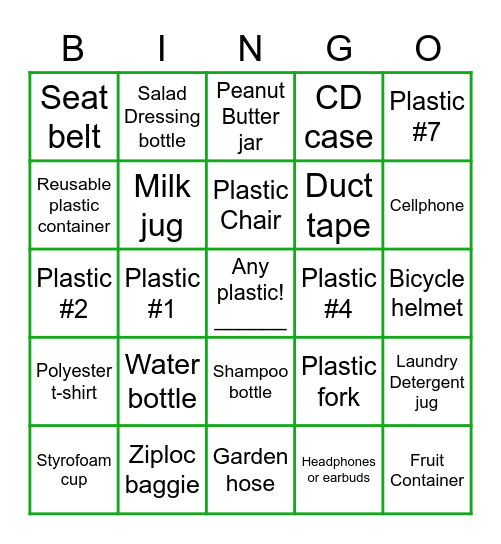 Hunt for plastics we see every day! Bingo Card