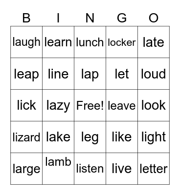 Initial L Bingo Card