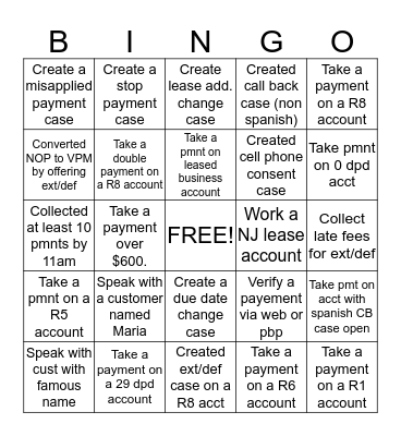 Dialer Bingo Card