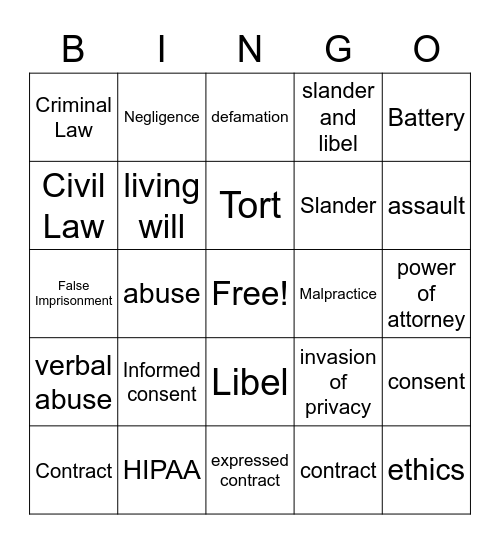 Legal/Ethical Bingo Card