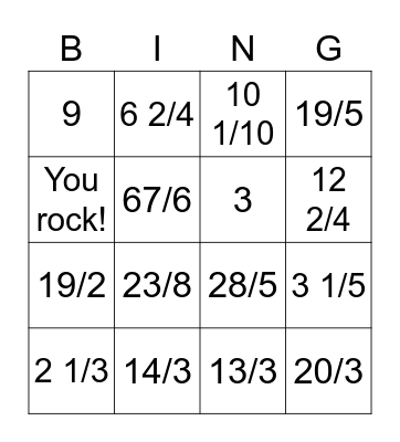 Mixed Numbers and Improper Fractions Bingo Card