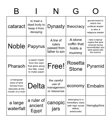 Egypt Bingo card Bingo Card