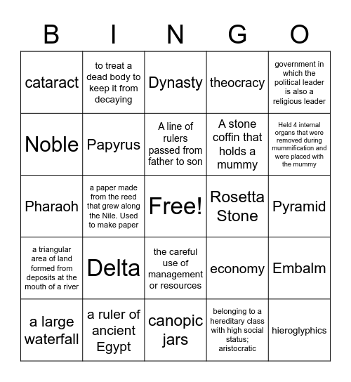 Egypt Bingo card Bingo Card