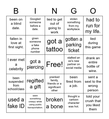 Never Have I Ever Bingo Card