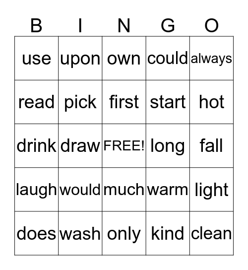 Sight Word Bingo Card