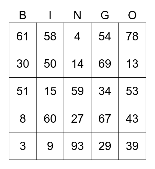 NUMBERS 1 - 100 Bingo Card