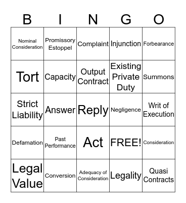 Civial and Contract Law Bingo Card