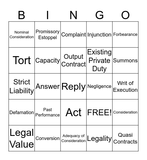 Civial and Contract Law Bingo Card