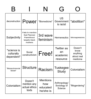 Postmodern Academic "Biomedical ethics" Jargon bingo Card