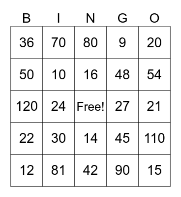 Multiplication Bingo Card