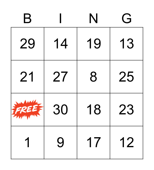 Bingo tot 30 Bingo Card