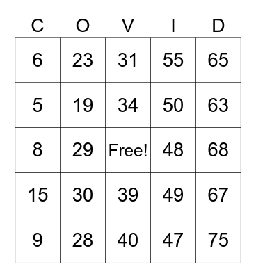 Partnership COVID Bingo Card