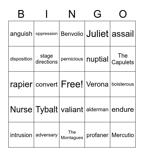 Romeo and Juliet Vocab Bingo Card
