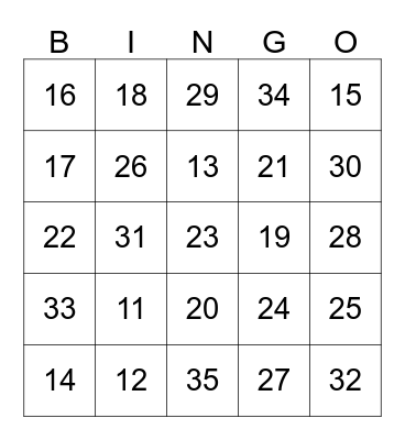 Number BINGO Card