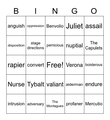 Romeo and Juliet Vocab Bingo Card