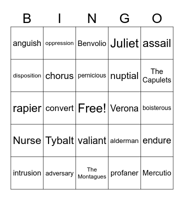 Romeo and Juliet Vocab Bingo Card