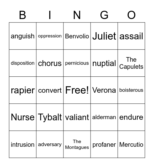 Romeo and Juliet Vocab Bingo Card