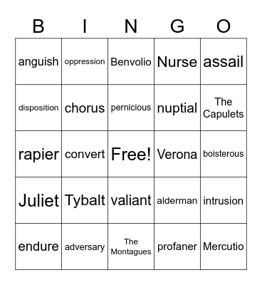Romeo and Juliet Vocab Bingo Card