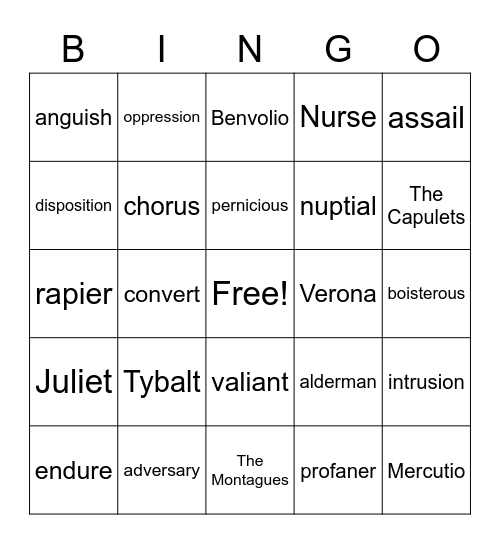 Romeo and Juliet Vocab Bingo Card