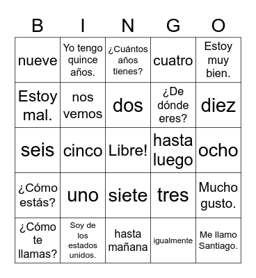 Basic Introductions & Numbers 1-10 Bingo Card