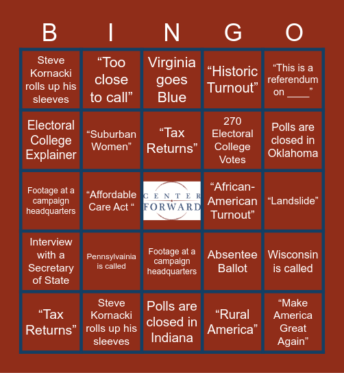 Center Forward Election Night Bingo Card