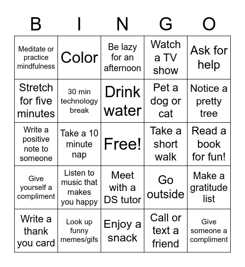 CA Self Care Bingo Card