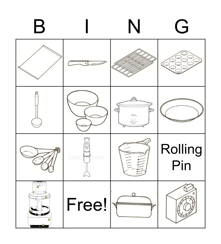 cooking utensils bingo card