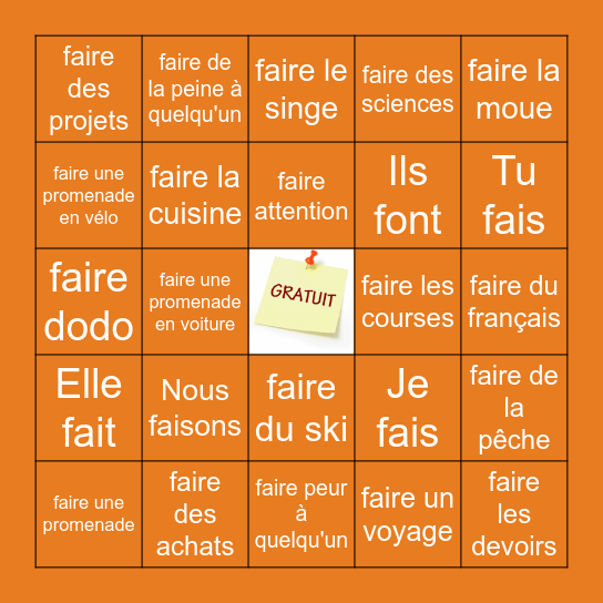 Français 2: Les Expressions Avec Faire Bingo Card