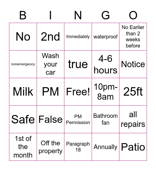 Lease Bingo Card