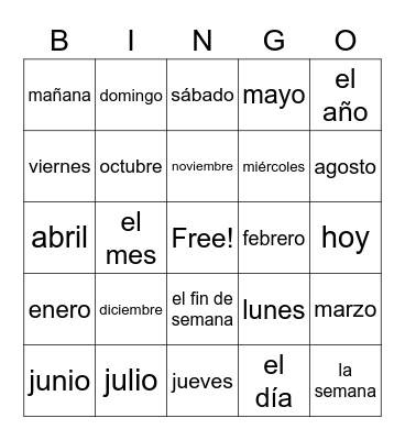 los dias y los meses Bingo Card