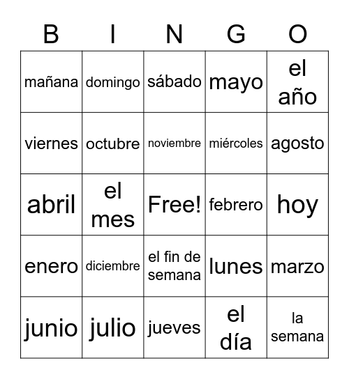 los dias y los meses Bingo Card