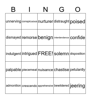 The Giver Vocabulary Bingo Card