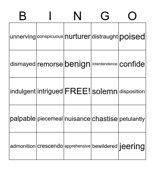 The Giver Vocabulary Bingo Card