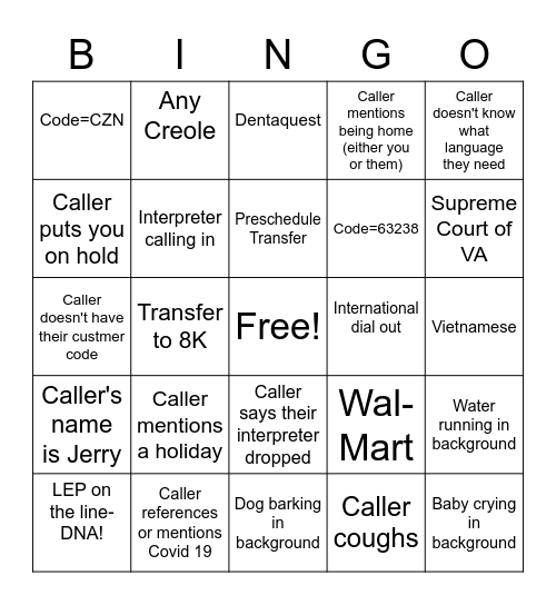 COVID Games Bingo Card