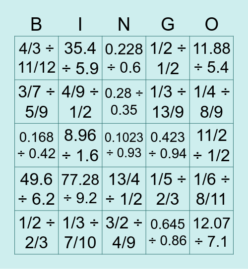 Dividing Fractions and Decimals Bingo Card