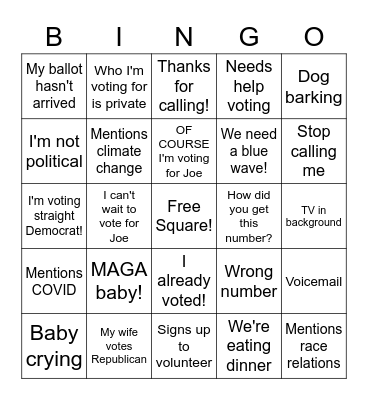 Florida Phone Bank Bingo Card